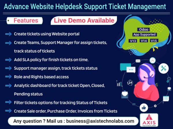Advance Website Helpdesk Support Ticket Management in Odoo, Issue Management for customers support, Manage your customer ticket support, Create Sale Orders, purchase order, Invoices from Tickets