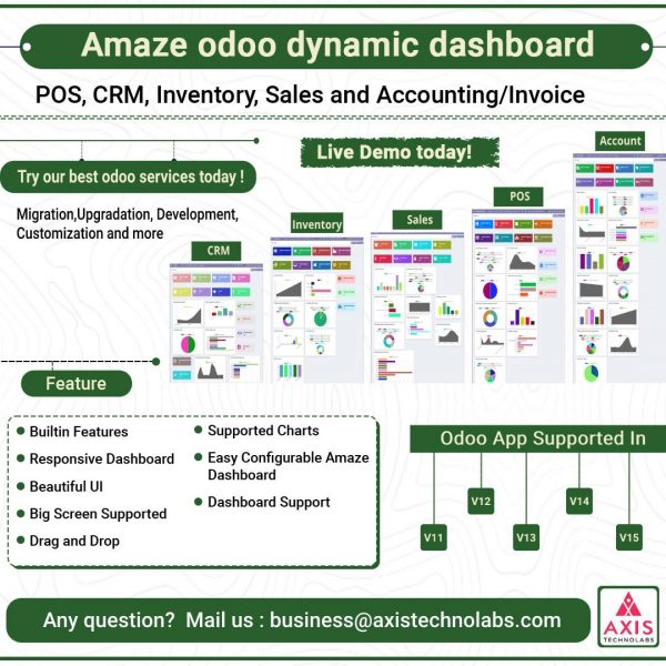 Amaze odoo dashboard, Dynamic odoo dashboard, sales dashboard, CRM dashboard, POS dashboard, Inventory dashboard , Account dashboard, Invoice dashboard, Purchase Dashboard, Project Dashboard, Create Own Analytic Odoo dashboards in odoo V15, v14, v13, v12, v11
